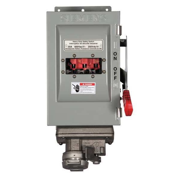Interruptor de seguridad Siemens sin fusibles, servicio pesado, 600V CA, 3PST, 30A, NEMA 12 - HNF361JCHW.