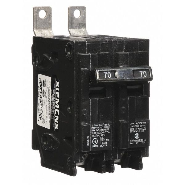 Siemens Miniature Circuit Breaker, BL Series, 70A, 2 Pole, 120/240V AC, 10kA at 120/240V AC - B270