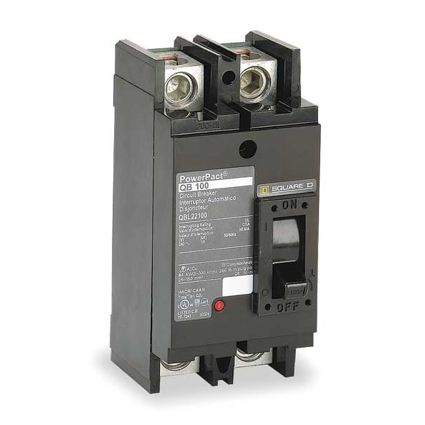 Square D Molded Case Circuit Breaker, QDL Series, 100A, 2 Pole, 240V AC, 25kA at 240V AC - QDL22100