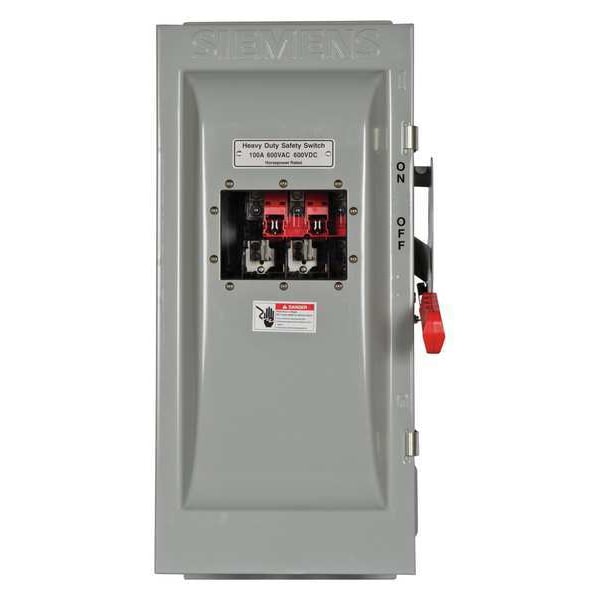 Interruptor de seguridad Siemens con fusible, servicio pesado, 600V CA, 3PST, 100 A, NEMA 3R - HF363JW