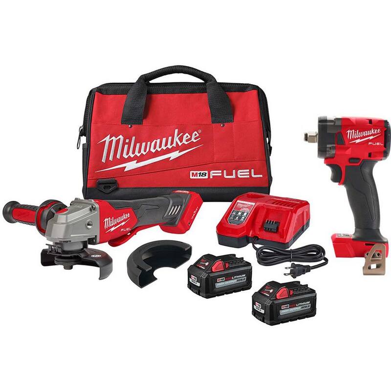Amoladora inalámbrica Milwaukee M18 FUEL 18V de iones de litio sin escobillas de 4-1/2/5 pulgadas, con interruptor de paleta, llave de impacto de 1/2 pulgadas y 2 baterías - 2882-22-2855-20.