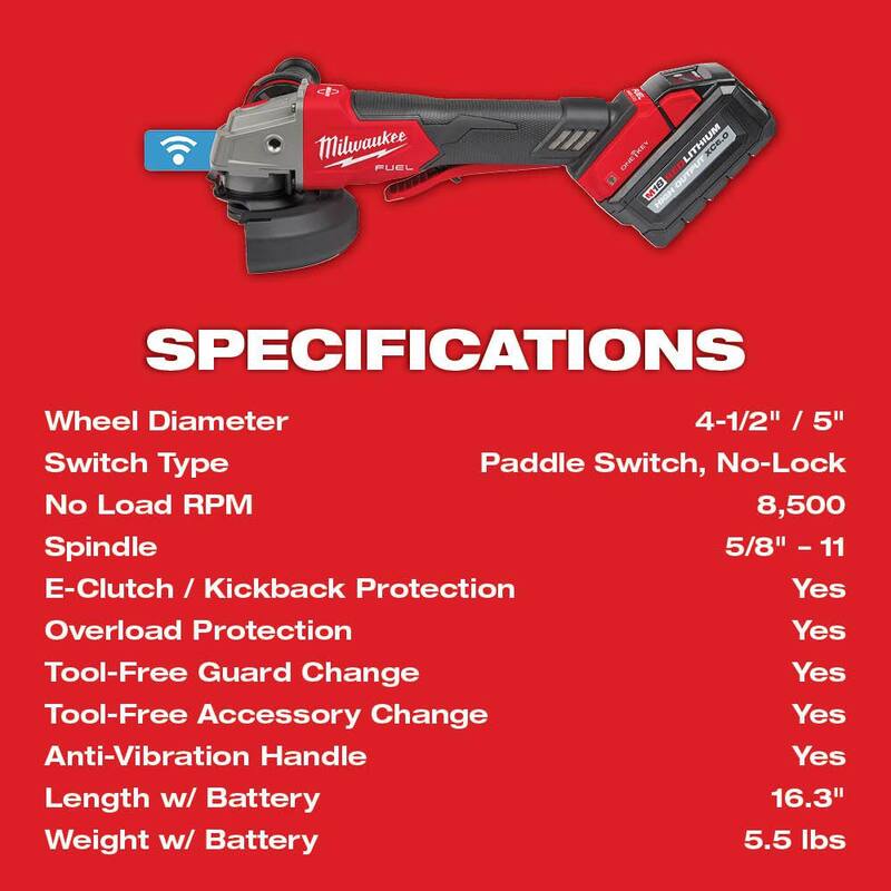 Amoladora inalámbrica Milwaukee M18 FUEL 18V de iones de litio sin escobillas de 4-1/2/5 pulgadas, con interruptor de paleta, llave de impacto de 1/2 pulgadas y 2 baterías - 2882-22-2855-20.