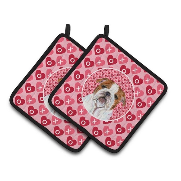 Carolines Treasures Bulldog English Hearts Love Valentines Day Pair of Pot Holders, 7.5 x 3 x 7.5 in. - SS4484PTHD