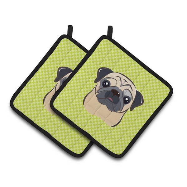 Carolines Treasures Checkerboard Lime Green Fawn Pug Pair of Pot Holders, 7.5 x 3 x 7.5 in. - BB1324PTHD