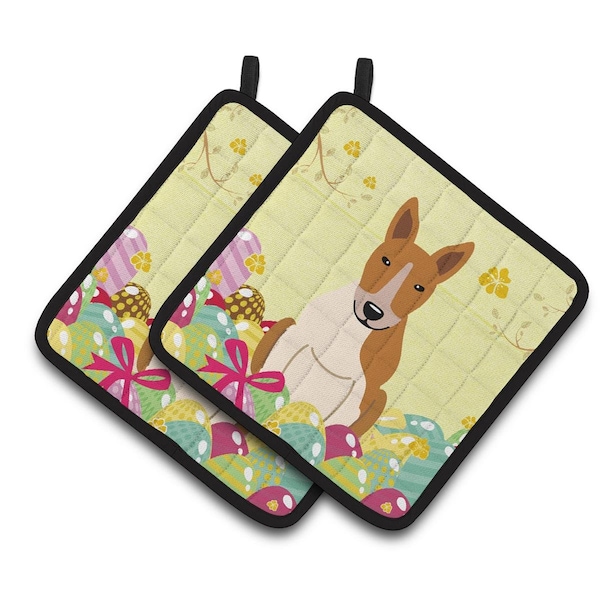 Carolines Treasures Easter Eggs Bull Terrier Red White Pair of Pot Holders - BB6135PTHD