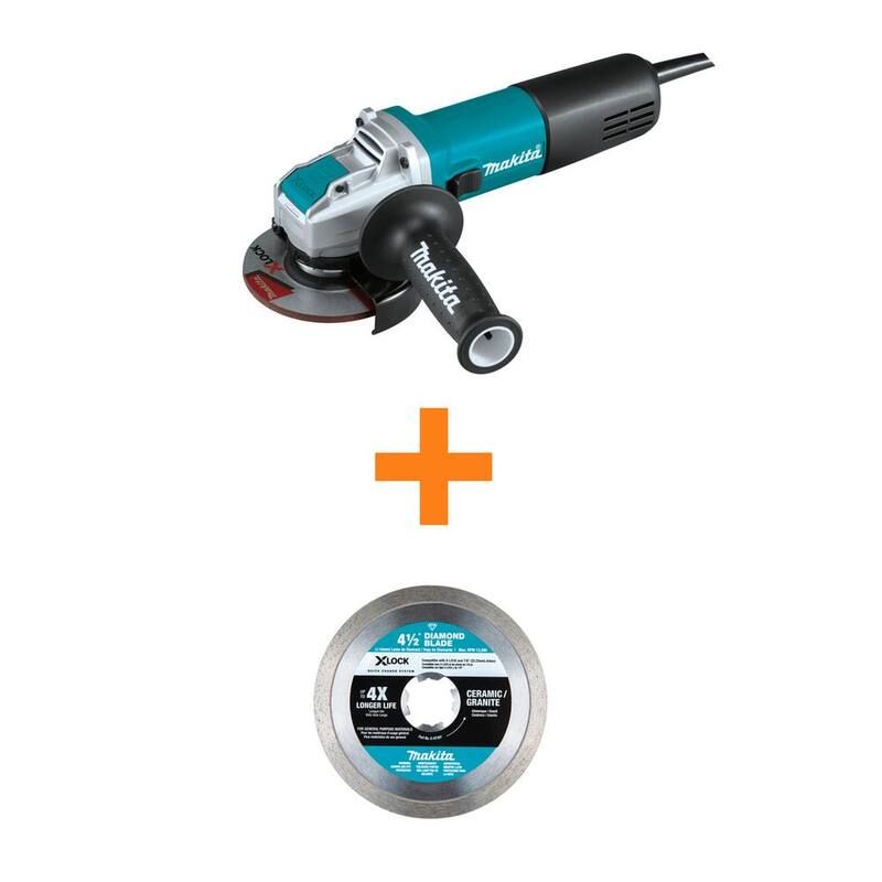 Esmeriladora angular con interruptor Makita de 7.5 amperes con cable de 4.5 pulgadas X-LOCK AC/DC y disco de corte de diamante cerámico y granito de 4.5 pulgadas - GA4570-E-07397