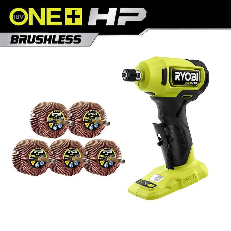 Rectificadora angular compacta inalámbrica RYOBI ONE+ HP 18V Brushless de 1/4 pulgadas (Herramienta solamente) con juego de ruedas de aletas de grano 60 (5 piezas) - PSBDG01B-A91FW560.
