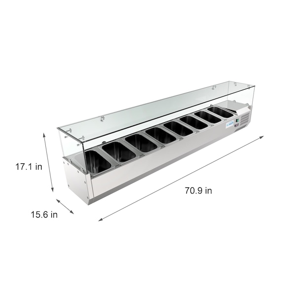 Koolmore 71" Refrigerated Countertop Condiment Prep Rail Sandwich Prep Station with Sneeze Guard - SCDC-8P-SG