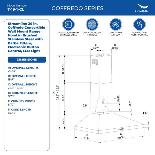 Streamline 30 in. Goffredo Convertible Wall 220 CFM Mount Range Hood in Brushed Stainless Steel - T-19-1-CL