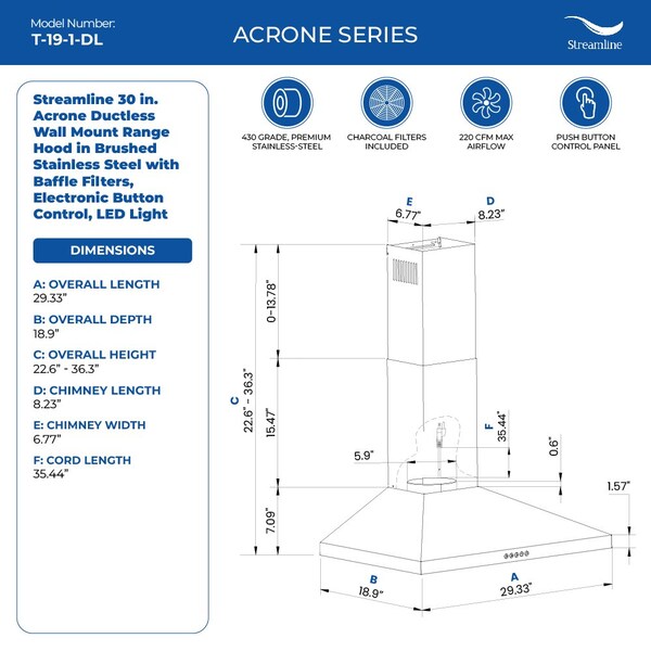 Streamline 30 in. Acrone Ductless Wall Mount 220 CFM Range Hood in Brushed Stainless Steel - T-19-1-DL