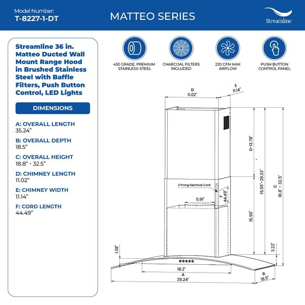 Streamline 36 in. Matteo Ducted Wall Mount 220 CFM Range Hood in Brushed Stainless Steel - T-8227-1-DT
