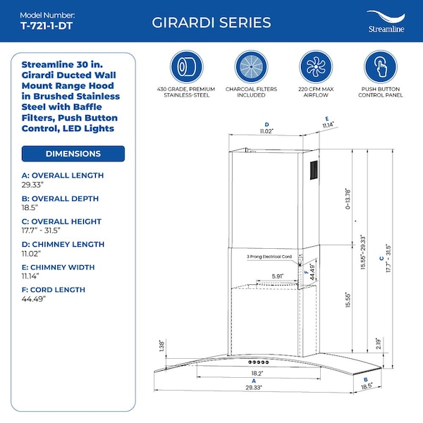 Streamline 30 in. Girardi Ducted Wall Mount 220 CFM Range Hood in Brushed Stainless Steel - T-721-1-DT