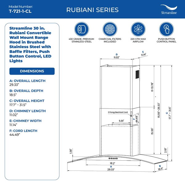 Streamline 30 in. Rubiani Convertible Wall Mount 220 CFM Range Hood in Brushed Stainless Steel - T-721-1-CL