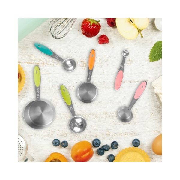 Hastings Home 10-piece Measuring Cups and Spoons Set, Stainless Steel, Colored Silicone Handles and Metal Ring - 321283DNJ