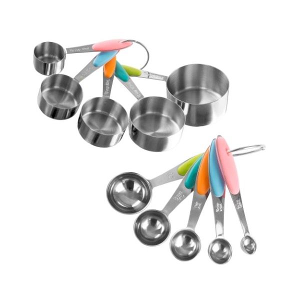 Hastings Home 10-piece Measuring Cups and Spoons Set, Stainless Steel, Colored Silicone Handles and Metal Ring - 321283DNJ