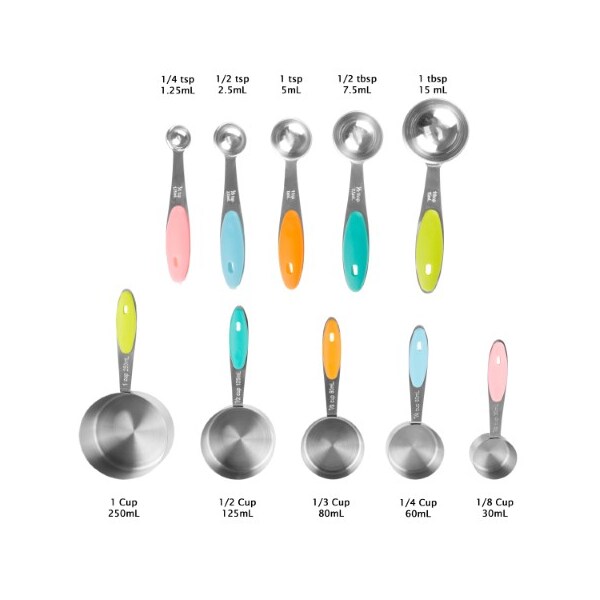 Hastings Home 10-piece Measuring Cups and Spoons Set, Stainless Steel, Colored Silicone Handles and Metal Ring - 321283DNJ