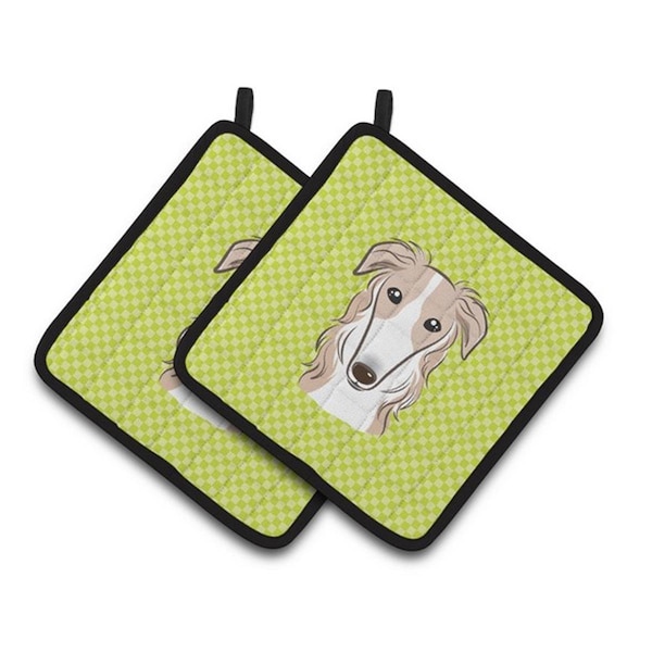 Carolines Treasures Checkerboard Lime Green Borzoi Pair of Pot Holders, 7.5 x 3 x 7.5 in. - BB1290PTHD