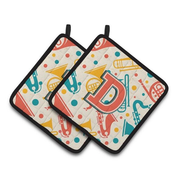 Carolines Treasures Letter D Retro Teal Orange Musical Instruments Initial Pair of Pot Holders, 7.5 x 3 x 7.5 in. - CJ2001-DPTHD