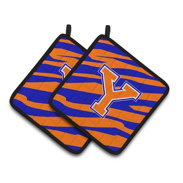 Carolines Treasures Monogram Initial Y Tiger Stripe - Blue Orange Pair of Pot Holders, 7.5 x 3 x 7.5 in. - CJ1023-YPTHD