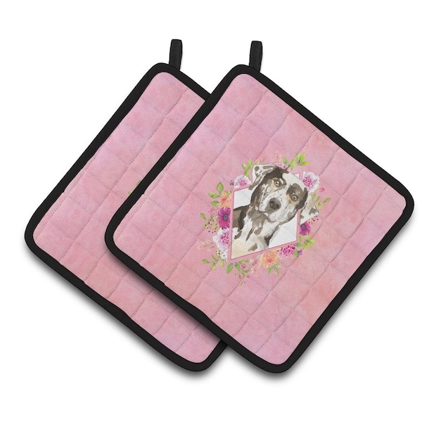 Carolines Treasures 7.5 x 7.5 in. Catahoula Leopard Dog Pink Flowers Pair of Pot Holders - CK4249PTHD