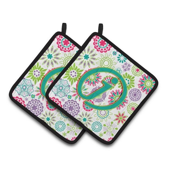Carolines Treasures Letter J Flowers Pink Teal Green Initial Pair of Pot Holders, 7.5 x 3 x 7.5 in. - CJ2011-JPTHD