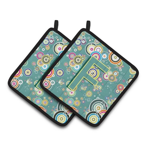 Carolines Treasures Letter F Circle Circle Teal Initial Alphabet Pair of Pot Holders, 7.5 x 3 x 7.5 in. - CJ2015-FPTHD