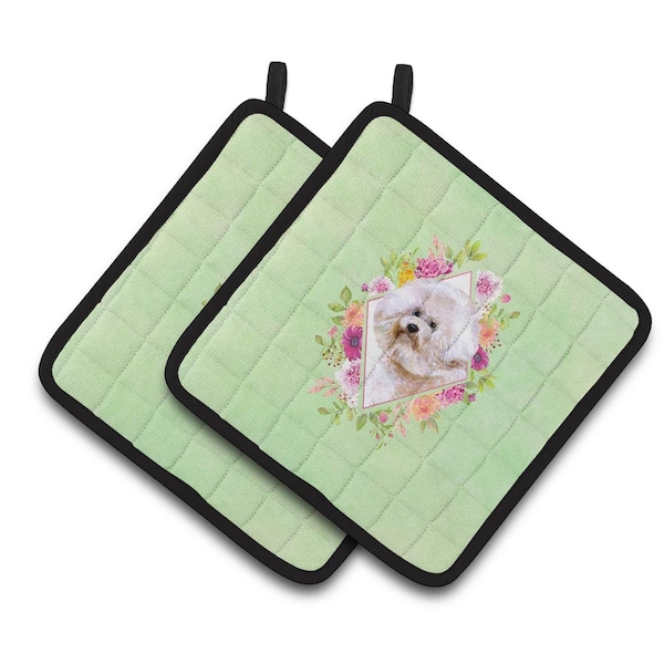 Carolines Treasures 7.5 x 7.5 in. Bichon Frise No.1 Green Flowers Pair of Pot Holders - CK4279PTHD