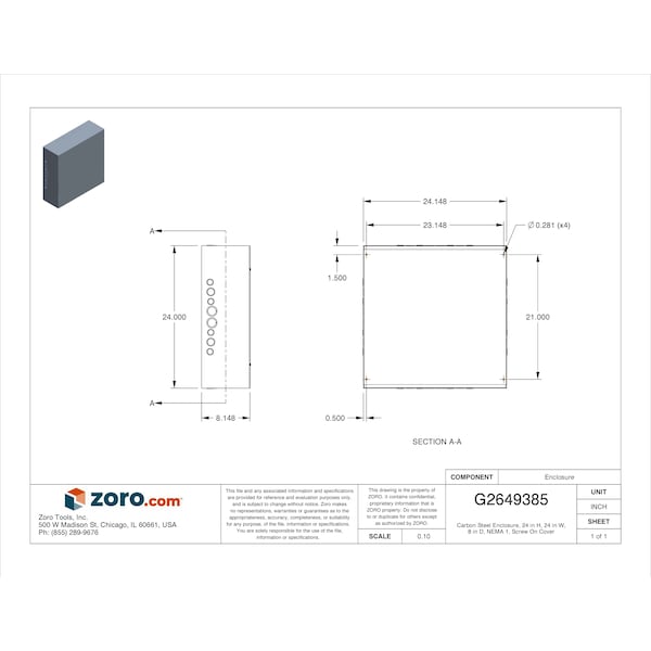 Wiegmann Carbon Steel Electrical Enclosures, 24 in H, 8 in D, 24 in W, NEMA 1, Screw On - SC242408