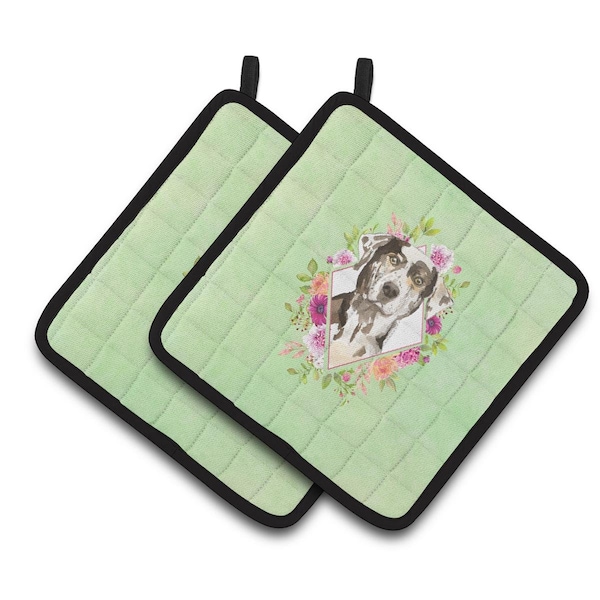 Carolines Treasures 7.5 x 7.5 in. Catahoula Leopard Dog Green Flowers Pair of Pot Holders - CK4409PTHD