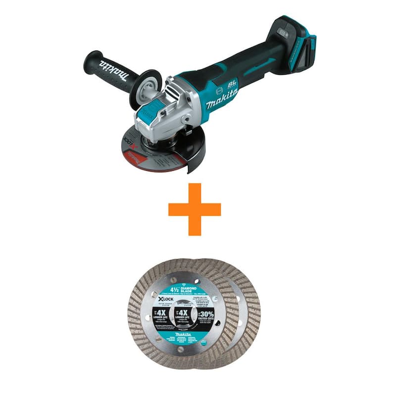 Makita 18V LXT Inalámbrico BL 4.5/5 in. X-LOCK Amoladora con interruptor de paleta - Herramienta solamente con Bono X-LOCK 4.5 in. Cuchilla para mampostería 2-Pack - XAG26Z-E-07222