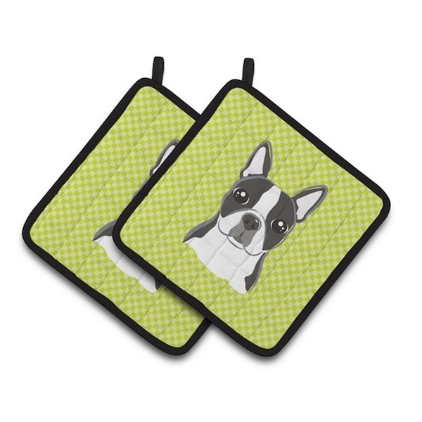 Carolines Treasures Lime Checkered Boston Terrier Pair of Pot Holders, 7.5 x 3 x 7.5 in. - BB1139PTHD