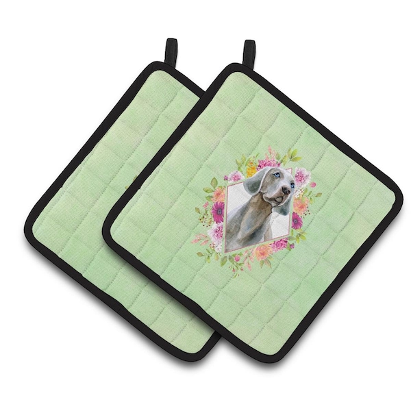 Carolines Treasures 7.5 x 7.5 in. Weimaraner Green Flowers Pair of Pot Holders - CK4351PTHD