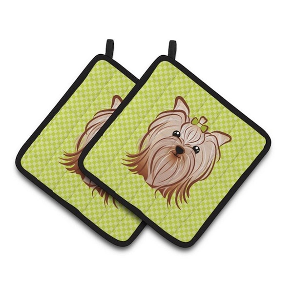 Carolines Treasures Checkerboard Lime Green Yorkie Yorkishire Terrier Pair of Pot Holders, 7.5 x 3 x 7.5 in. - BB1266PTHD