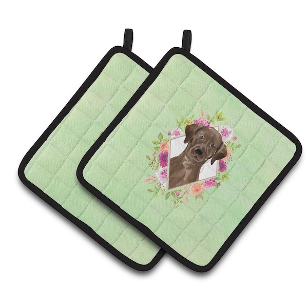 Carolines Treasures 7.5 x 7.5 in. Chocolate Labrador Green Flowers Pair of Pot Holders - CK4411PTHD