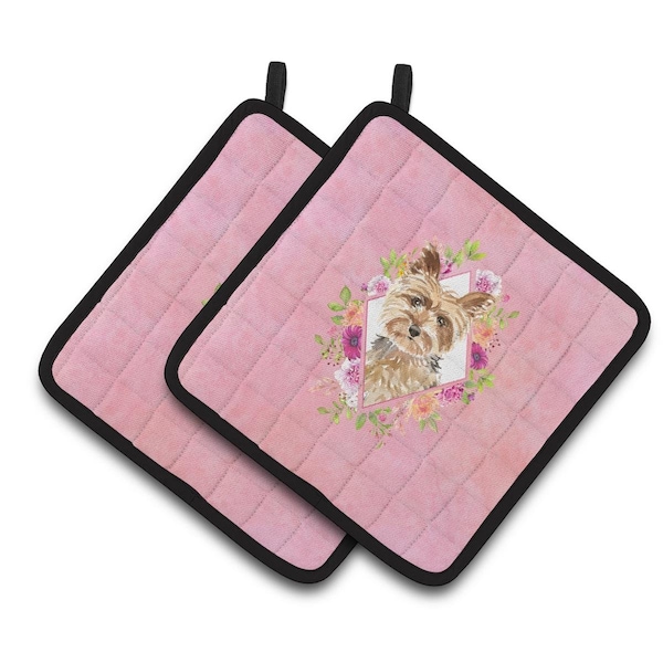 Carolines Treasures 7.5 x 7.5 in. Yorkie Pink Flowers Pair of Pot Holders - CK4197PTHD