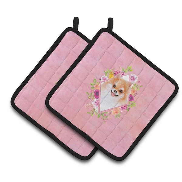 Carolines Treasures 7.5 x 7.5 in. Pomeranian No.1 Pink Flowers Pair of Pot Holders - CK4169PTHD
