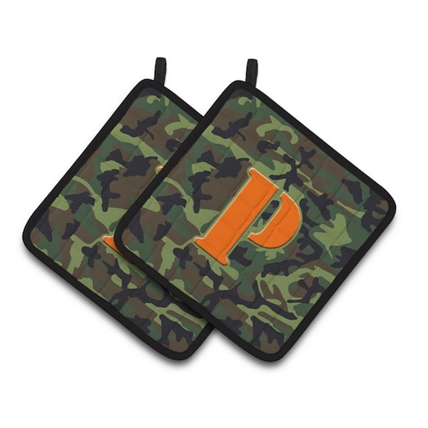 Carolines Treasures Letter P Monogram - Camo Green Pair of Pot Holders, 7.5 x 3 x 7.5 in. - CJ1030-PPTHD
