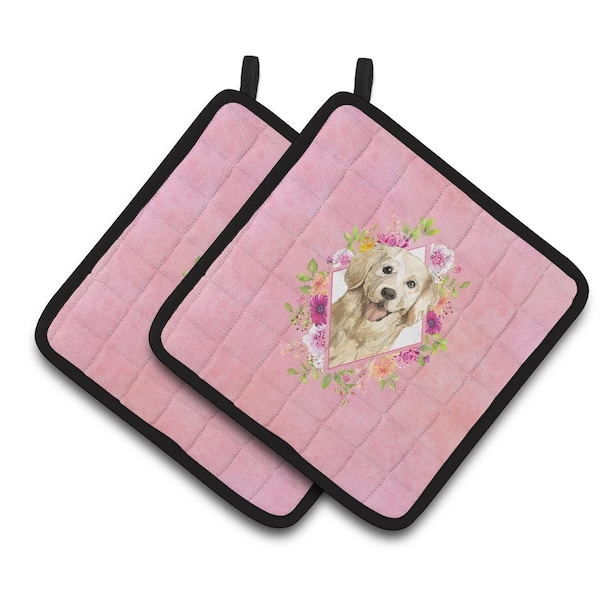 Carolines Treasures 7.5 x 7.5 in. Golden Retriever Pink Flowers Pair of Pot Holders - CK4235PTHD