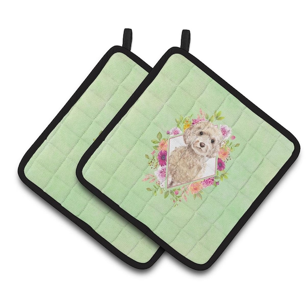 Carolines Treasures 7.5 x 7.5 in. Champagne Cockapoo Green Flowers Pair of Pot Holders - CK4406PTHD