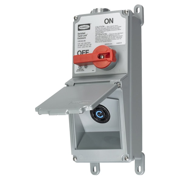 Dispositivo eléctrico de grado industrial de Hubbell Wiring Device-Kellems, caja de bloqueo con interruptor accionado por palanca y receptáculo pre-cableado HBL2720, Twist-Lock® de 30A, 240V AC Trifásico, NEMA L15-30R. - SE2720A