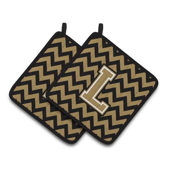 Carolines Treasures Carolines Treasures CJ1050-LPTHD Letter L Chevron Black & Gold Pair of Pot Holders; 7.5 x 3 x 7.5 in. - CJ1050-LPTHD