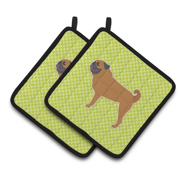 Carolines Treasures Pug Checkerboard Green Pair of Pot Holders - BB3847PTHD