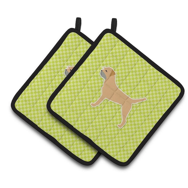 Carolines Treasures Border Terrier Checkerboard Green Pair of Pot Holders - BB3789PTHD