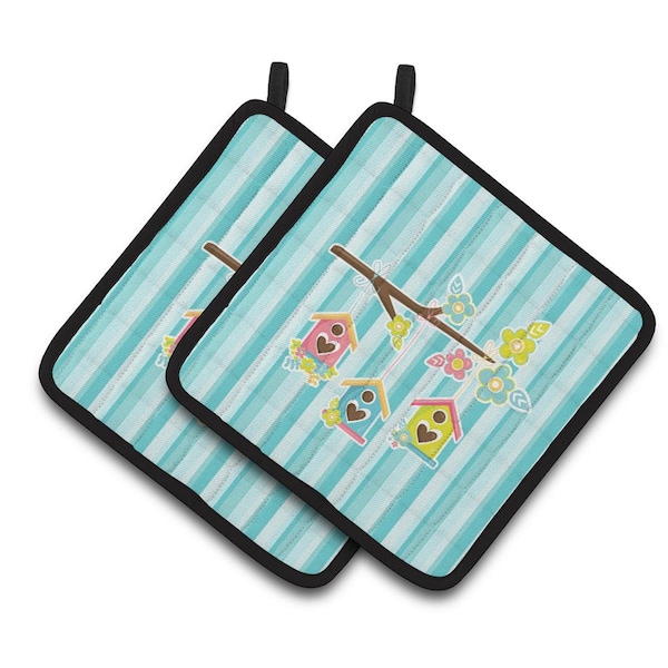 Carolines Treasures Birdhouses on Blue Stripes Pair of Pot Holders - BB7011PTHD
