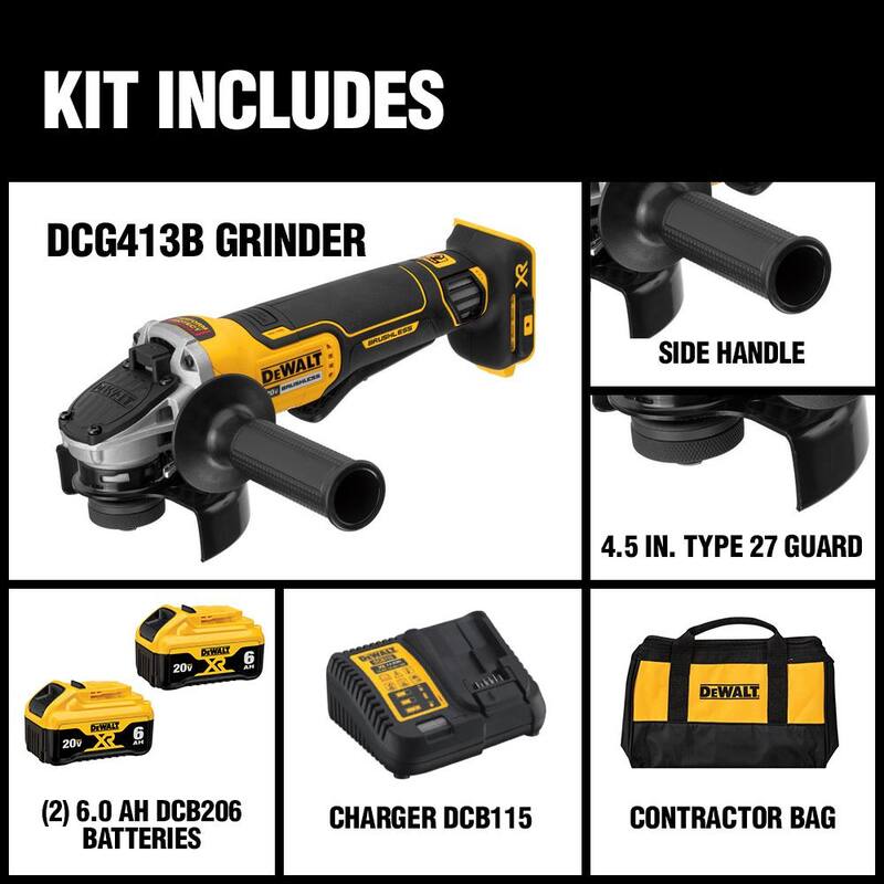 DEWALT 20V Max XR Amoladora Angular Pequeña Inalámbrica sin Escobillas de 4.5 in. con Interruptor de Paleta con (2) Baterías 20V 6Ah y Powerstack 5Ah - DCG413R2WCBP520.