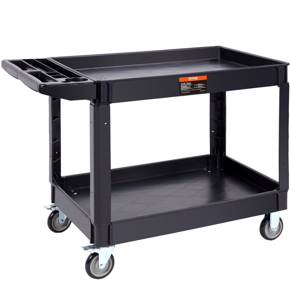 VEVOR Utility Service Cart, 2 Shelf 550LBS Heavy Duty Plastic Rolling Utility Cart with 360° Swivel Wheels (2 with Brakes), Large Lipped Shelf, Ergonomic Storage Handle for Warehouse/Garage/Cleaning - DXSLSYTCDXCD2ZRGNV0
