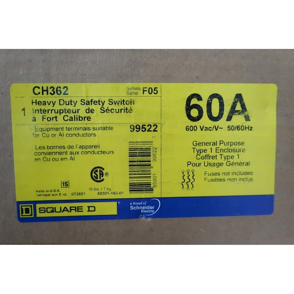 Interruptor de seguridad de un solo tiro con fusible Square D, resistente, 600 V CA/CC, 60 A, NEMA 1 - CH362