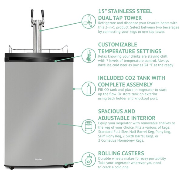 Ivation 4.9 cu. ft. 20 in. Dual Tap Stainless Steel Beer Kegerator - IVBKADT491SS