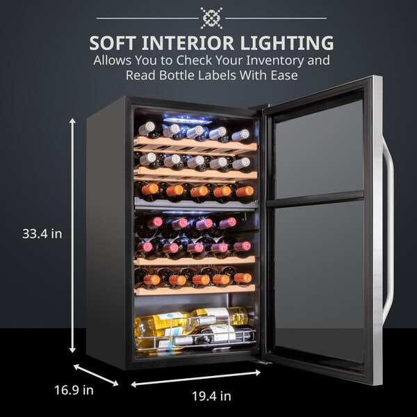 Ivation 33-Bottle Dual Zone Compressor Freestanding Wine Cooler Refrigerator - Stainless Steel - IVFWCC331DWSS