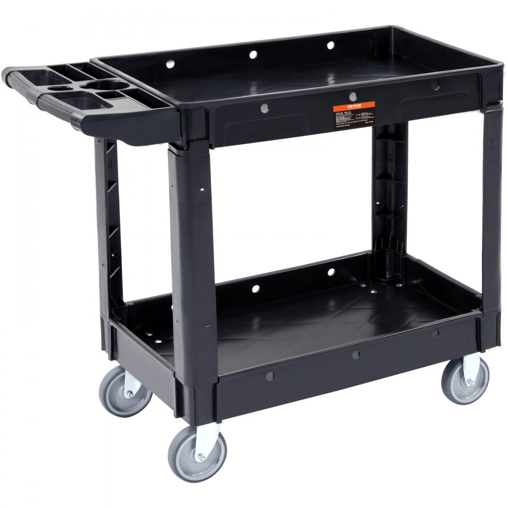 VEVOR Utility Service Cart, 2 Shelf 550LBS Heavy Duty Plastic Rolling Utility Cart with 360° Swivel Wheels, Medium Lipped Shelf, Ergonomic Storage Handle for Warehouse/Garage/Cleaning/Office - DXSLSYTCDXCX2WXI2V0